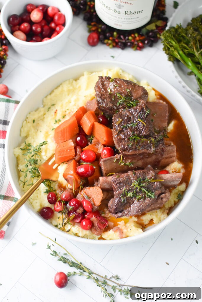 Rich & Tangy Cranberry Short Ribs 9 A tender Cranberry Braised Short Rib, easily flaked with a fork, showing its succulent texture.