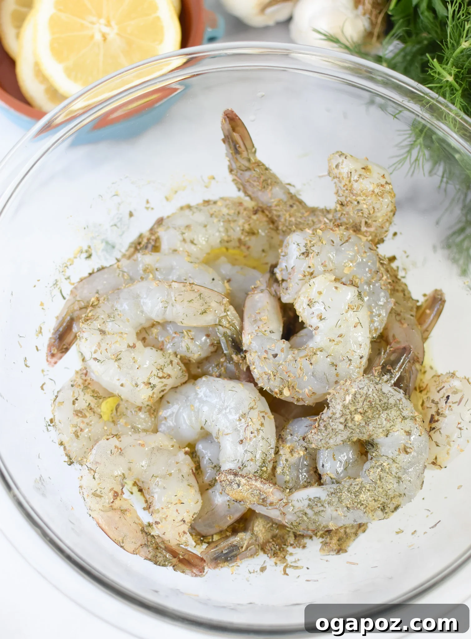 Zesty Greek Shrimp Marinade 8 Fresh Greek shrimp marinating in a glass bowl, absorbing the delicious flavors.