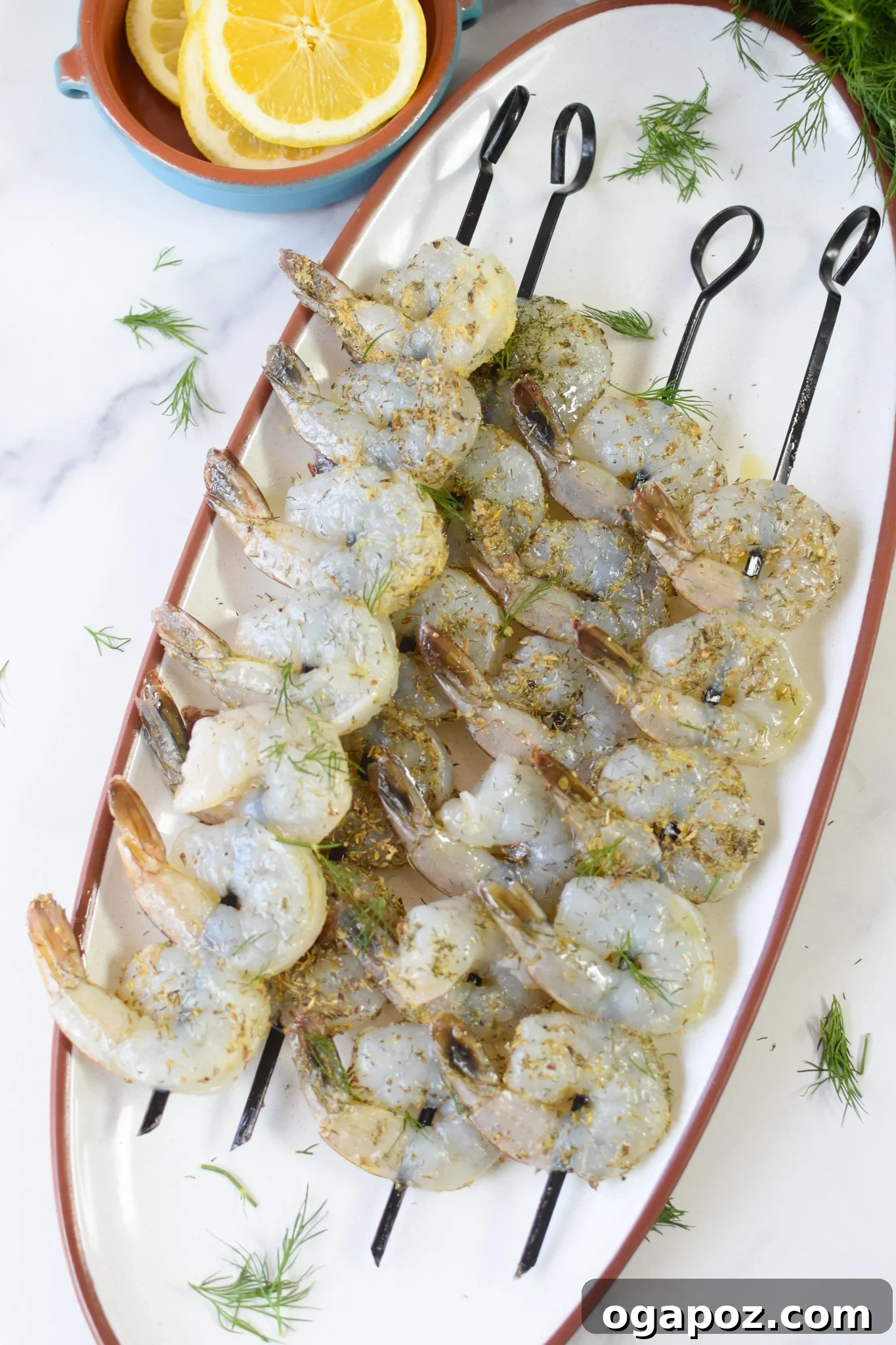 Zesty Greek Shrimp Marinade 9 Marinated Greek shrimp expertly threaded onto skewers, ready for the grill.