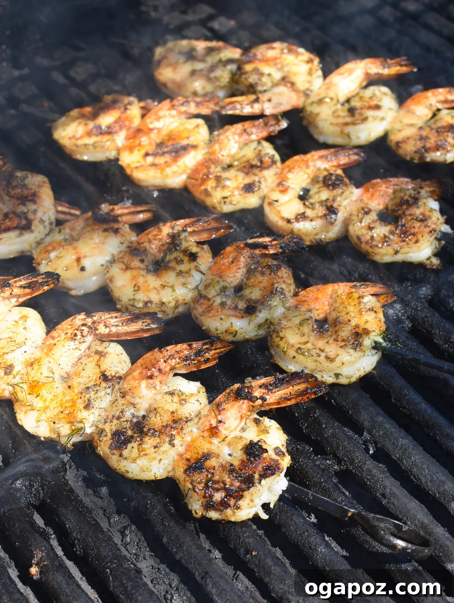 Zesty Greek Shrimp Marinade 10 Close-up of Greek shrimp sizzling on a hot grill, showing the beautiful char and vibrant color.