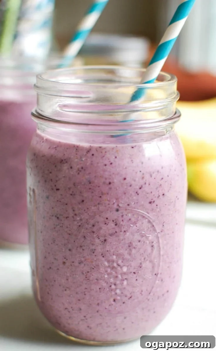 Velvet Blueberry Banana Smoothie 3 Close-up of a Blueberry Banana Smoothie with a straw, showcasing its rich texture and vibrant color.