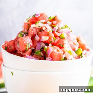 Summer Watermelon Salsa 9 Easy Watermelon Salsa in a white bowl.