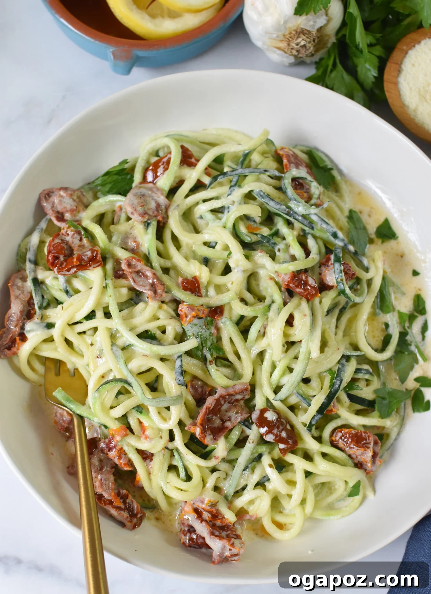 Creamy Zucchini Noodle Alfredo 2 Alfredo Zoodles Recipe with sun-dried tomatoes, a vibrant and healthy meal.