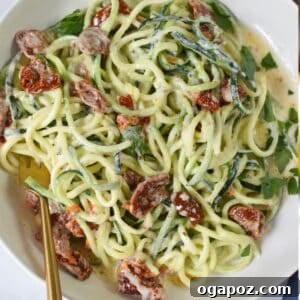 Alfredo Zoodles Recipe in a bowl, main image.