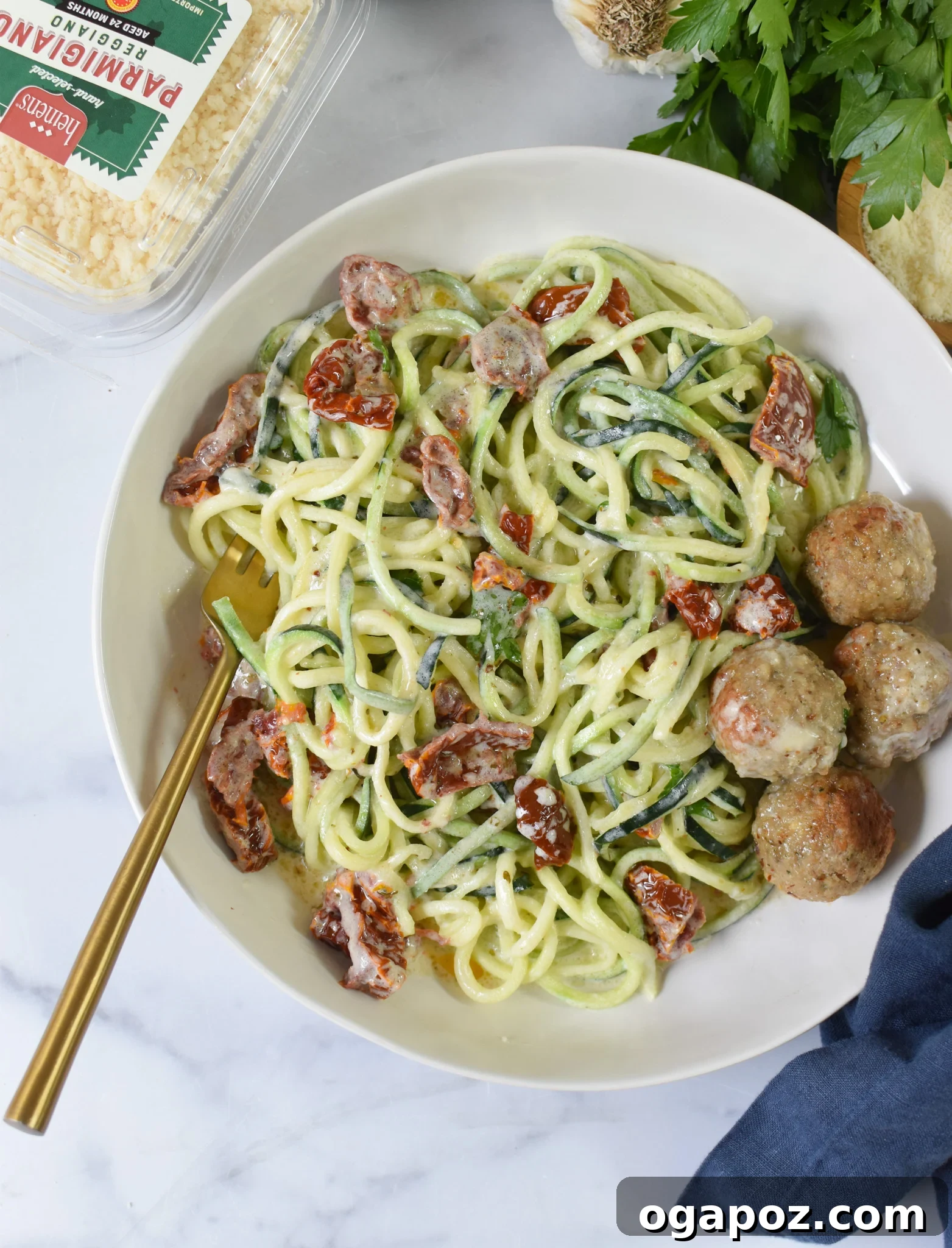 Creamy Zucchini Noodle Alfredo 8 Alfredo Zoodles Recipe close-up of zucchini noodles.