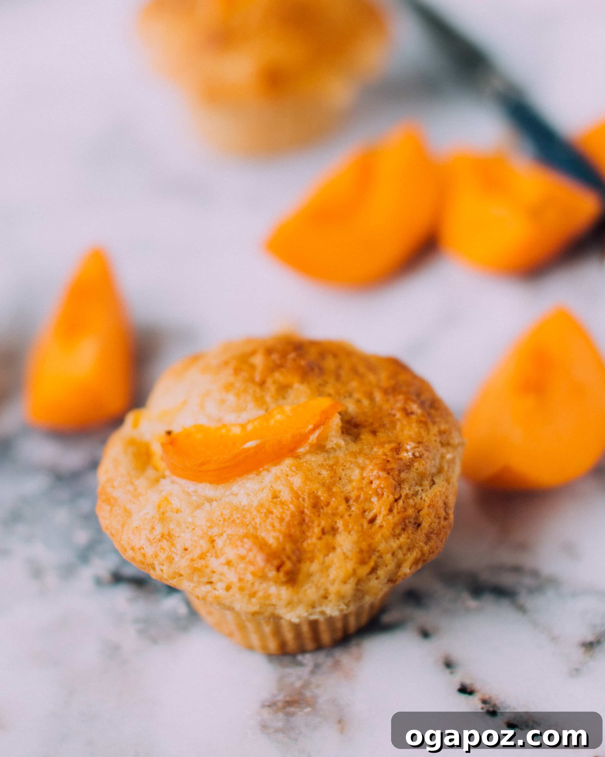Sun-Kissed Apricot Muffins 2 Delicious freshly baked apricot muffins with a golden-brown top, studded with juicy apricot pieces, cooling on a wire rack.