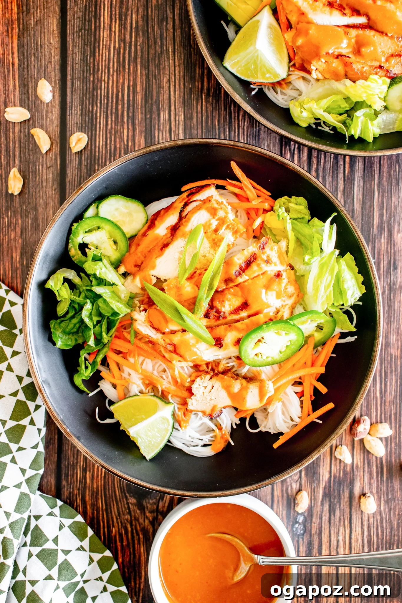 Vibrant Thai Chicken Noodle Salad 2 A vibrant Thai Chicken Noodle Salad presented in a stylish bowl, showcasing tender chicken, vermicelli noodles, and shredded carrots.