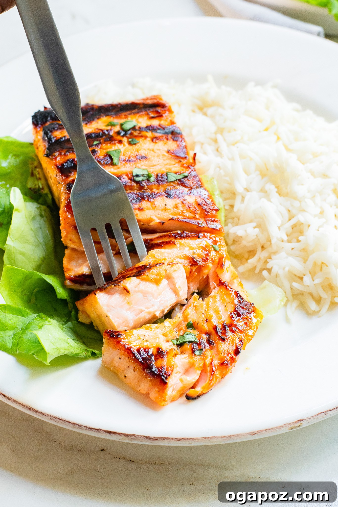 Honey Mustard Salmon over rice on a white plate, garnished with fresh herbs.