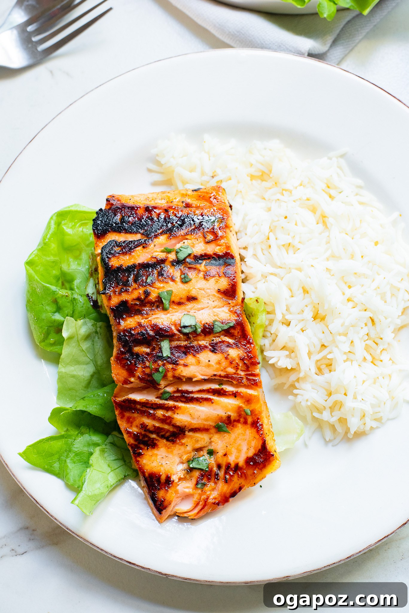 A perfectly cooked Honey Mustard Salmon fillet served over a bed of white rice, garnished with fresh herbs.