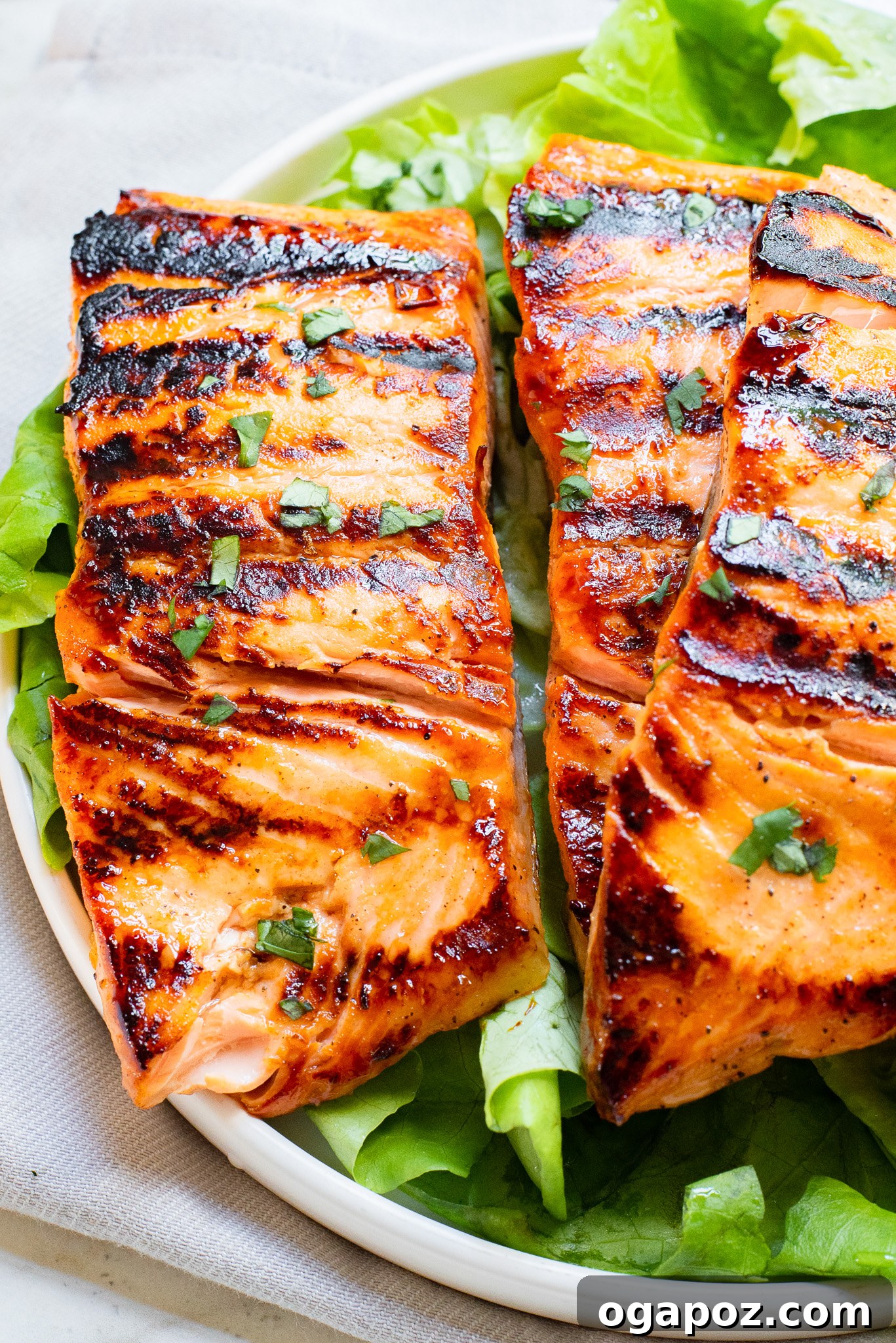 Multiple pieces of Honey Mustard Salmon artfully arranged on a serving platter.