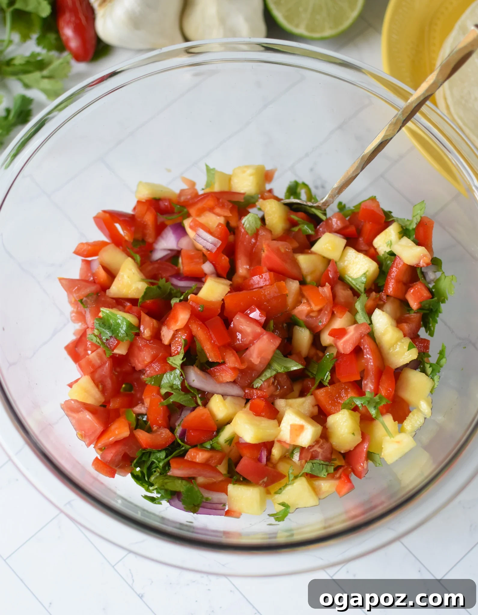 No-Fuss Ground Pork Tacos 6 Easy Ground Pork Tacos salsa ingredients in a large bowl.