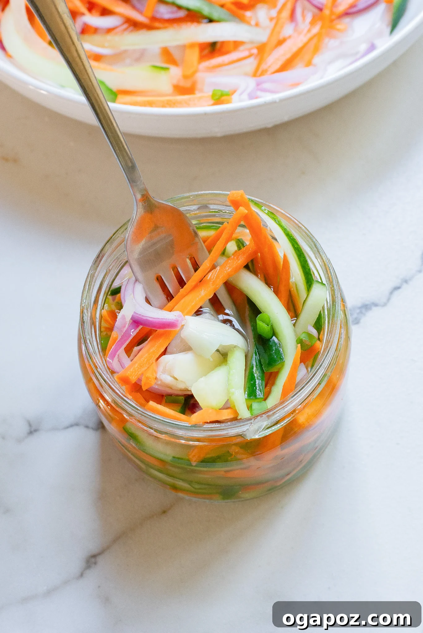 Fresh and Fast Pickles 2 A jar brimming with vibrant Quick Pickled Vegetables, featuring carrots, cucumbers, and red onions, ready to be enjoyed.
