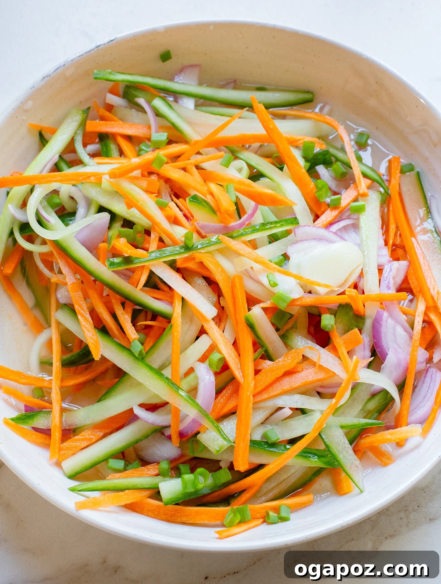 Fresh and Fast Pickles 9 A serving bowl filled with a colorful medley of Quick Pickled Vegetables, ready to be enjoyed as a side or topping.