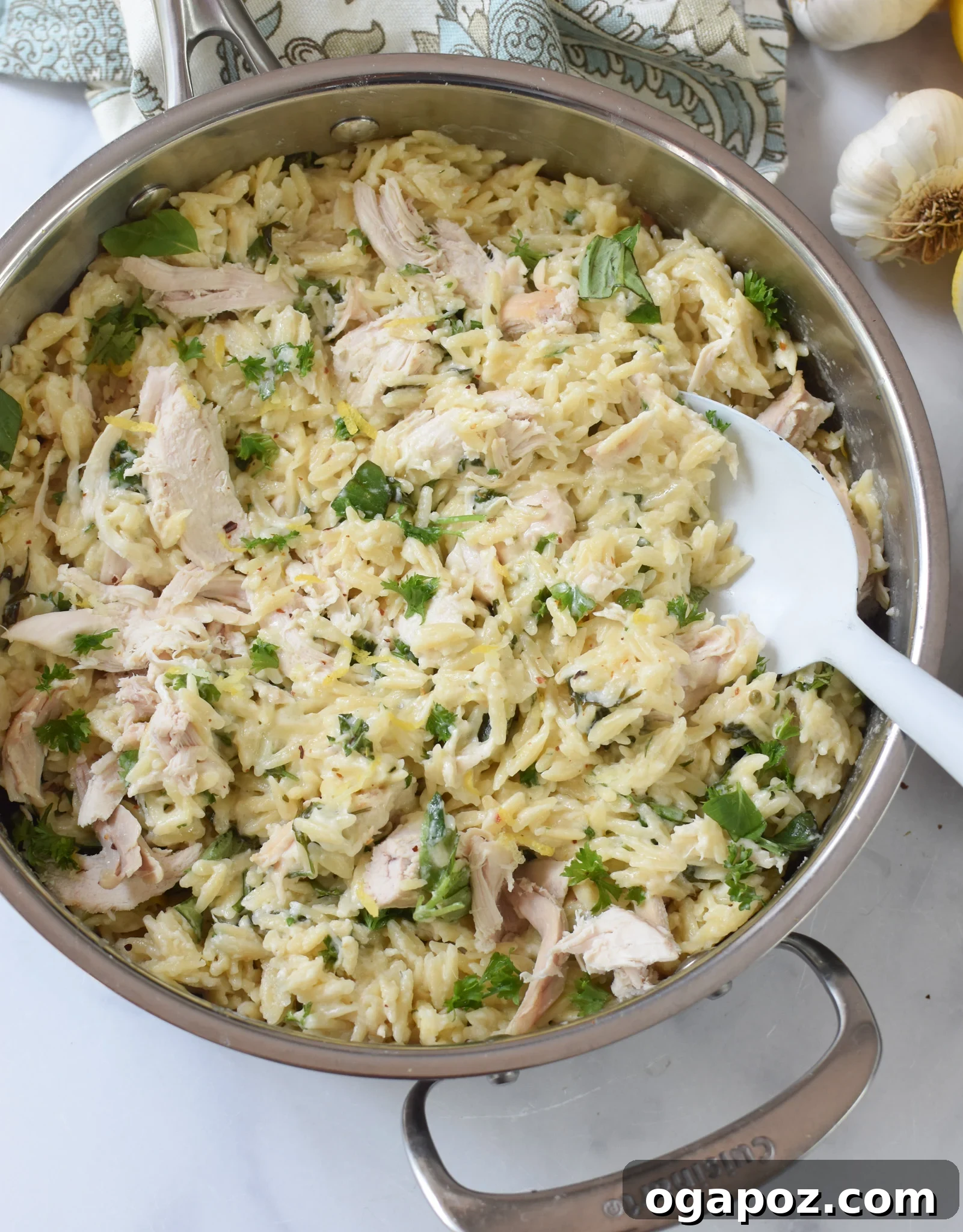Bright Lemon Chicken Orzo 2 Lemon Chicken Orzo in a skillet, garnished with fresh herbs.