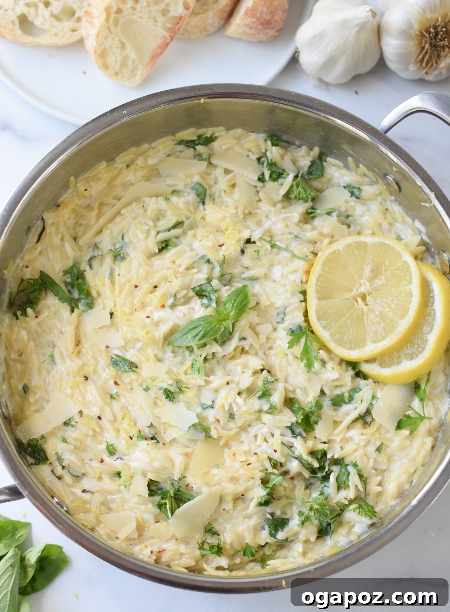 Bright Lemon Chicken Orzo 7 A close-up of Lemon Chicken Orzo with lemon slices and fresh basil on top.