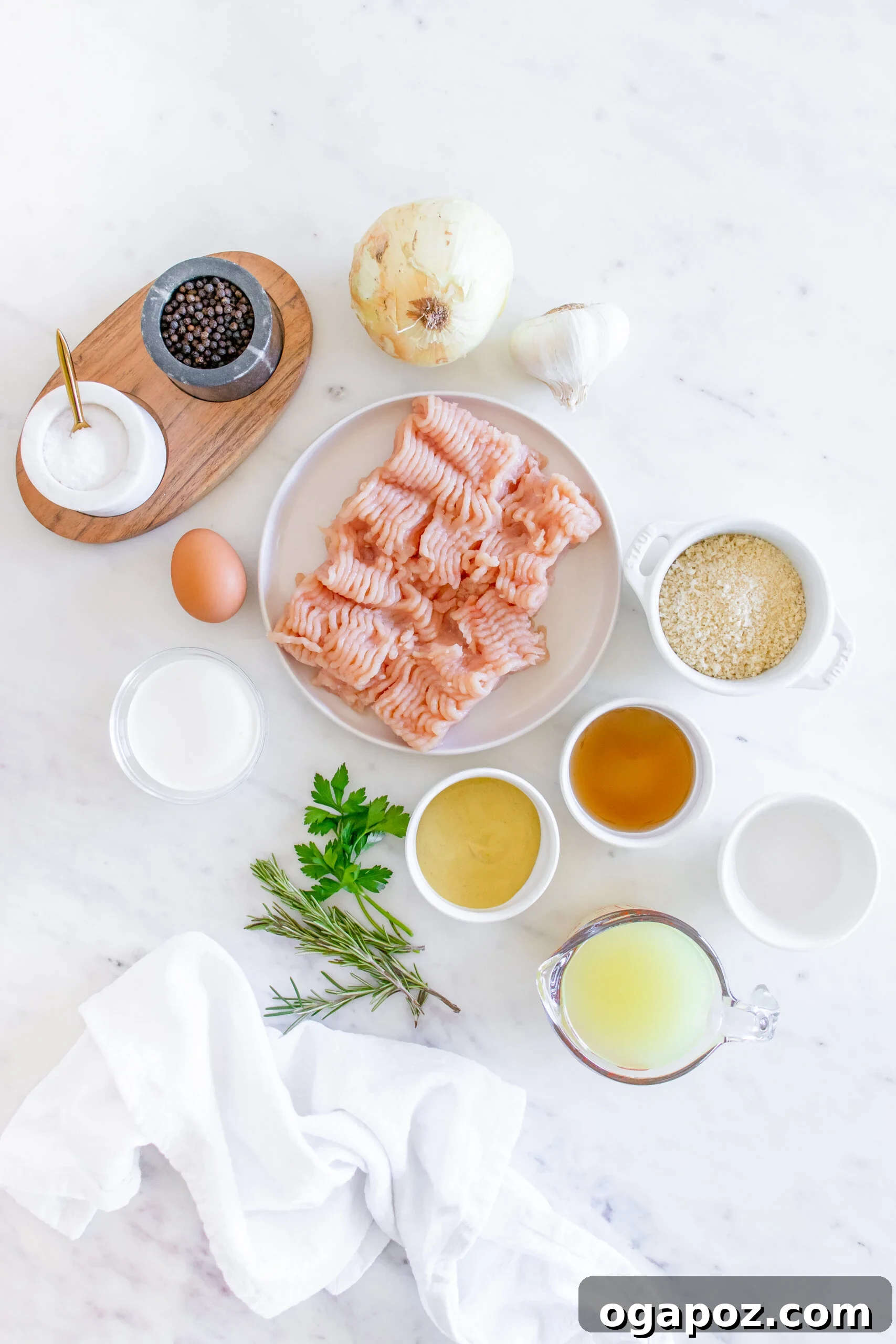 Sticky Maple Dijon Turkey Meatballs 6 All ingredients for Maple Dijon Turkey Meatballs laid out on a wooden board.