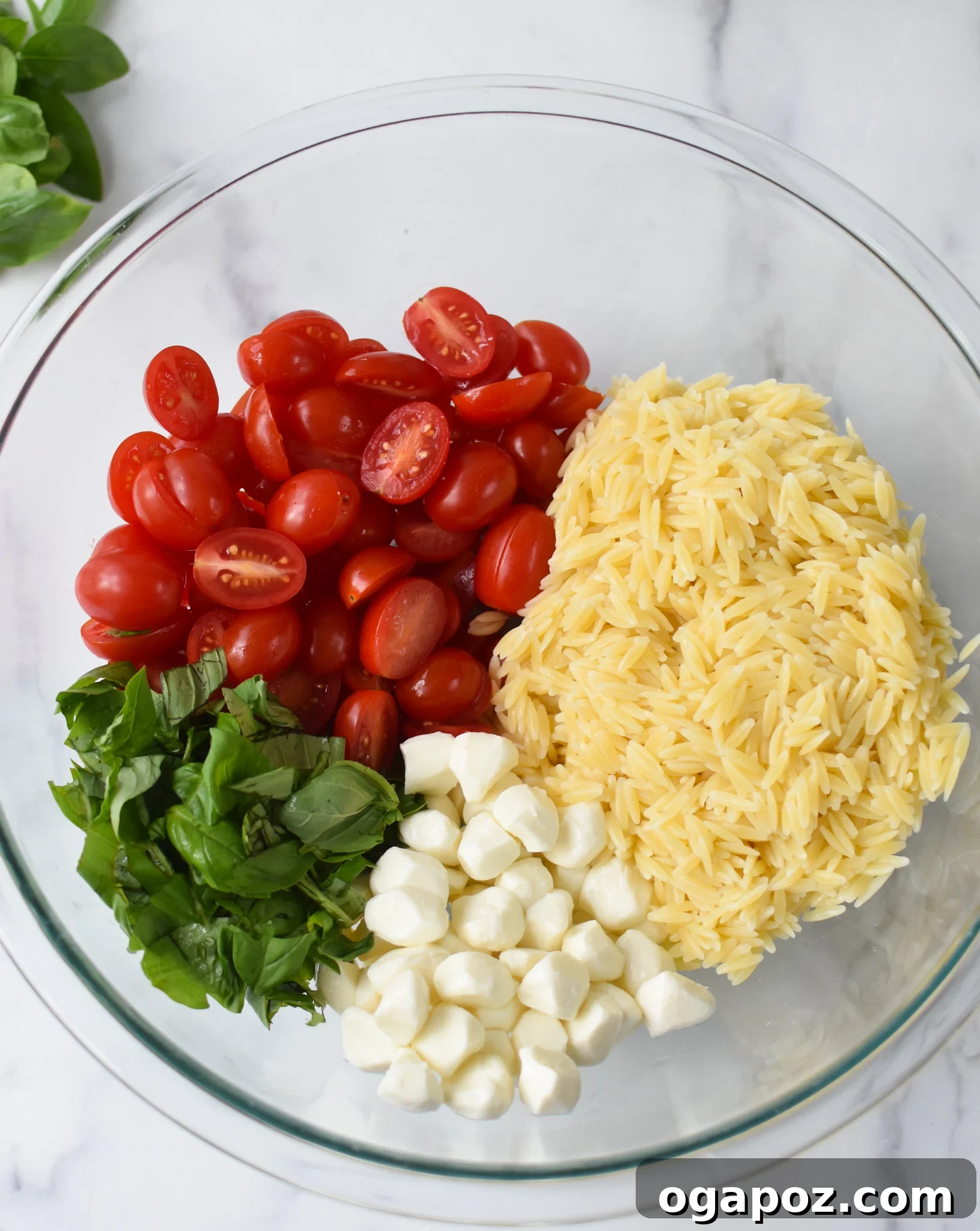 Fresh Caprese Orzo Salad 8 Caprese Orzo Pasta Salad ingredients in a bowl.