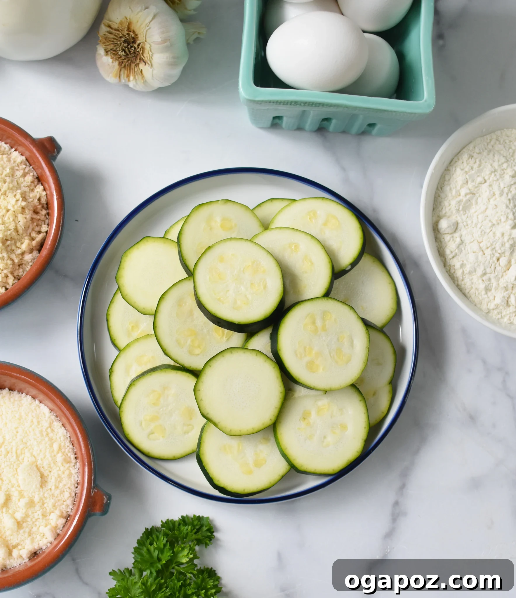 Crispy Air Fryer Zucchini Crisps 6 Ingredients laid out for Air Fryer Zucchini Chips, including zucchini, eggs, flour, and spices.