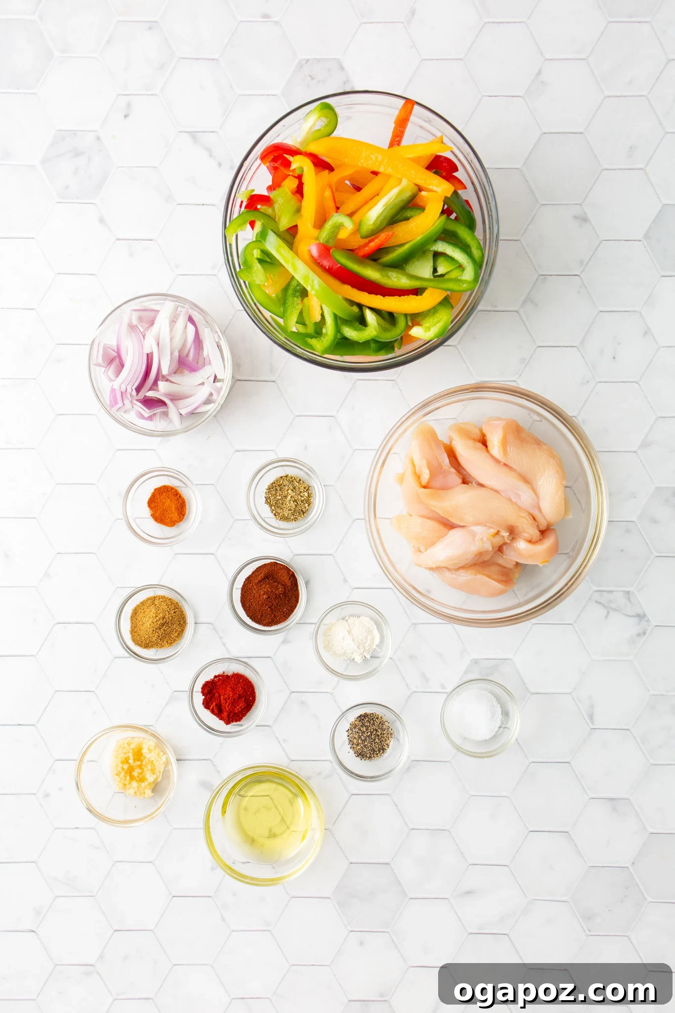 One-Pan Chicken Fajita Fiesta 4 Sheet Pan Chicken Fajitas ingredients laid out.