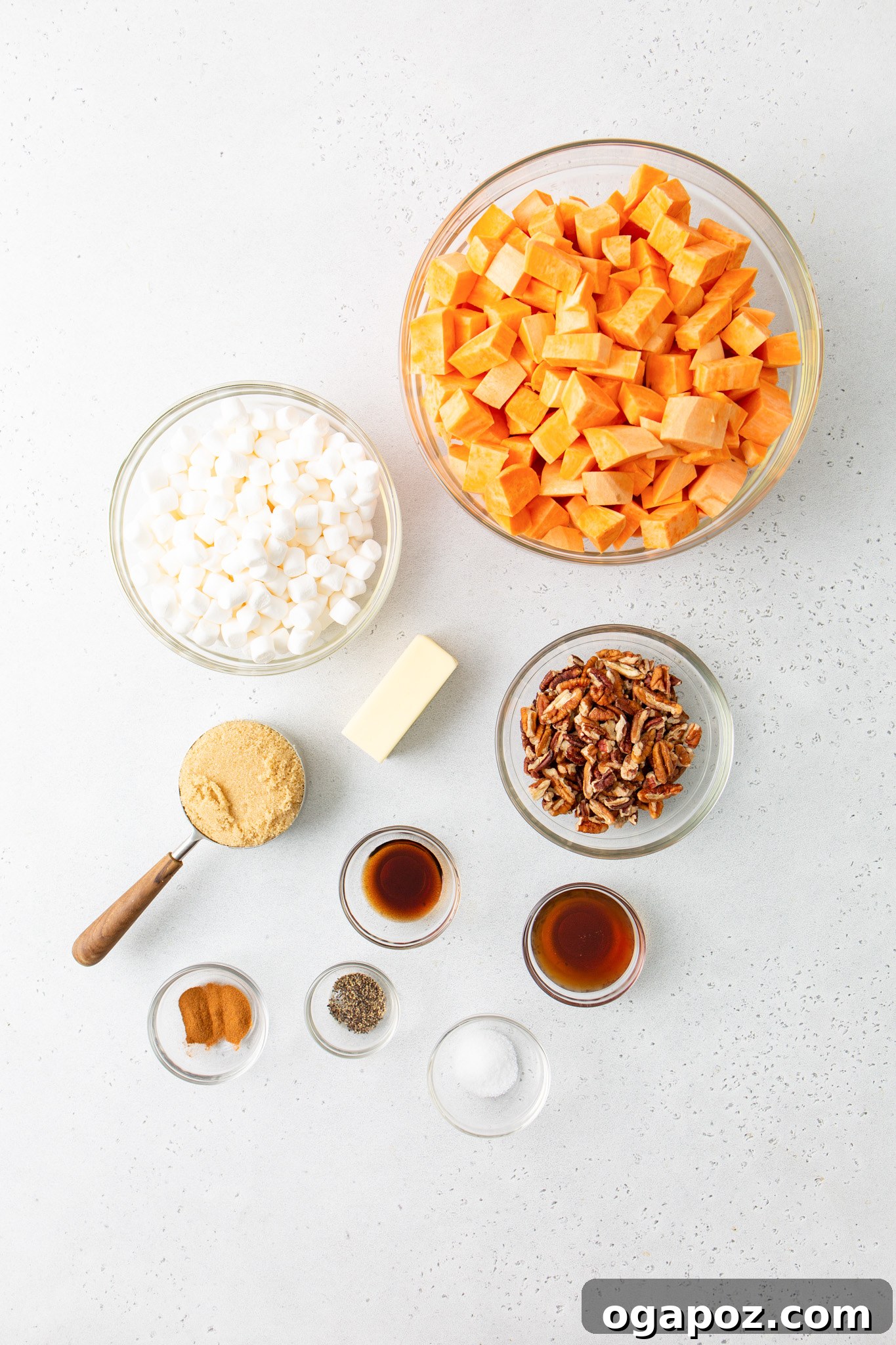 Golden Sweet Potato Marshmallow Delight 6 Sweet Potato Casserole with Marshmallows ingredients laid out on a table