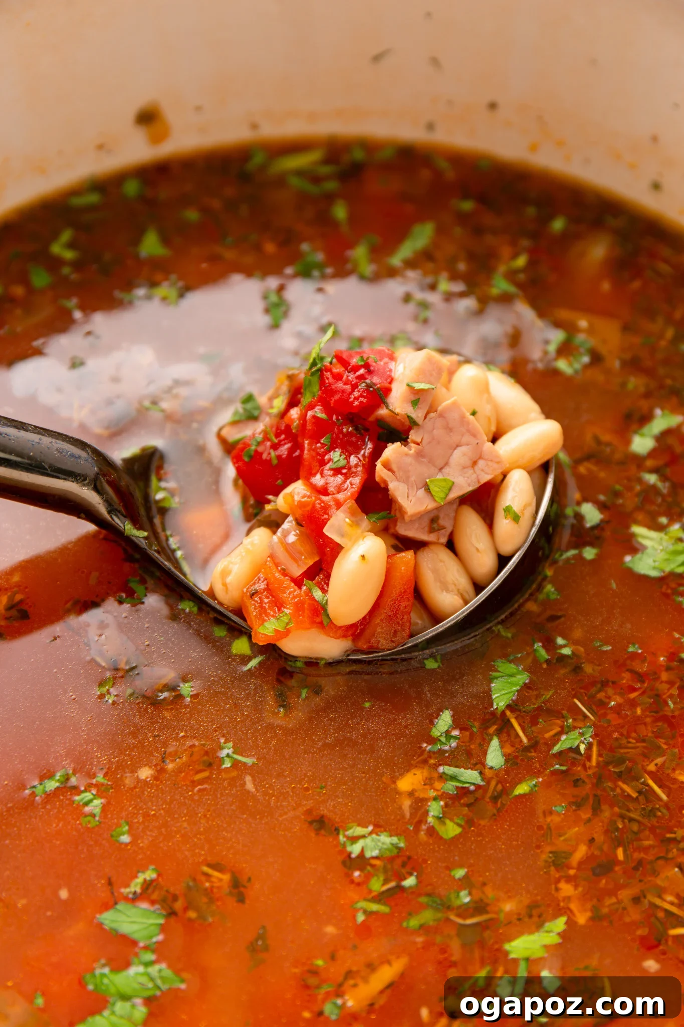 Hearty Navy Bean Soup 7 A ladle serving a generous portion of Navy Bean Soup into a bowl, highlighting the hearty ingredients.