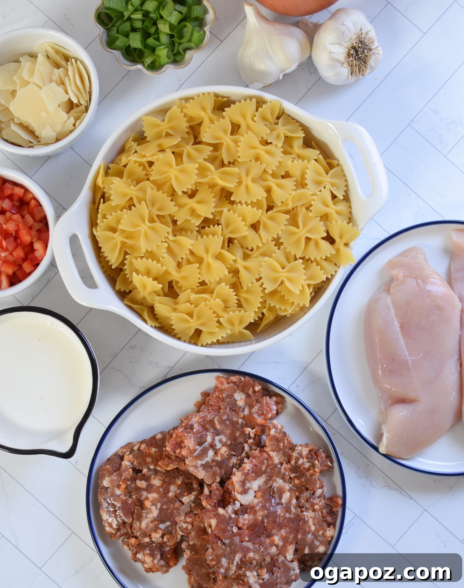 Irresistible Creamy Chicken Chorizo Pasta 4 A vibrant selection of fresh ingredients laid out for Creamy Chicken and Chorizo Pasta.