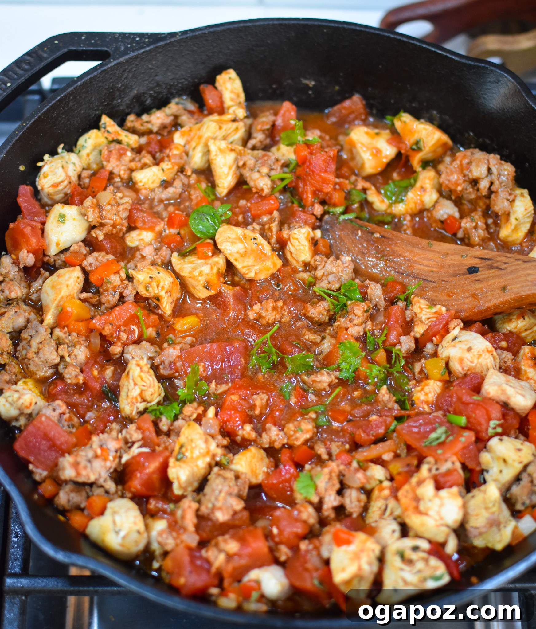 Irresistible Creamy Chicken Chorizo Pasta 7 Creamy Chicken and Chorizo Pasta sauce simmering in a skillet, ready for pasta.