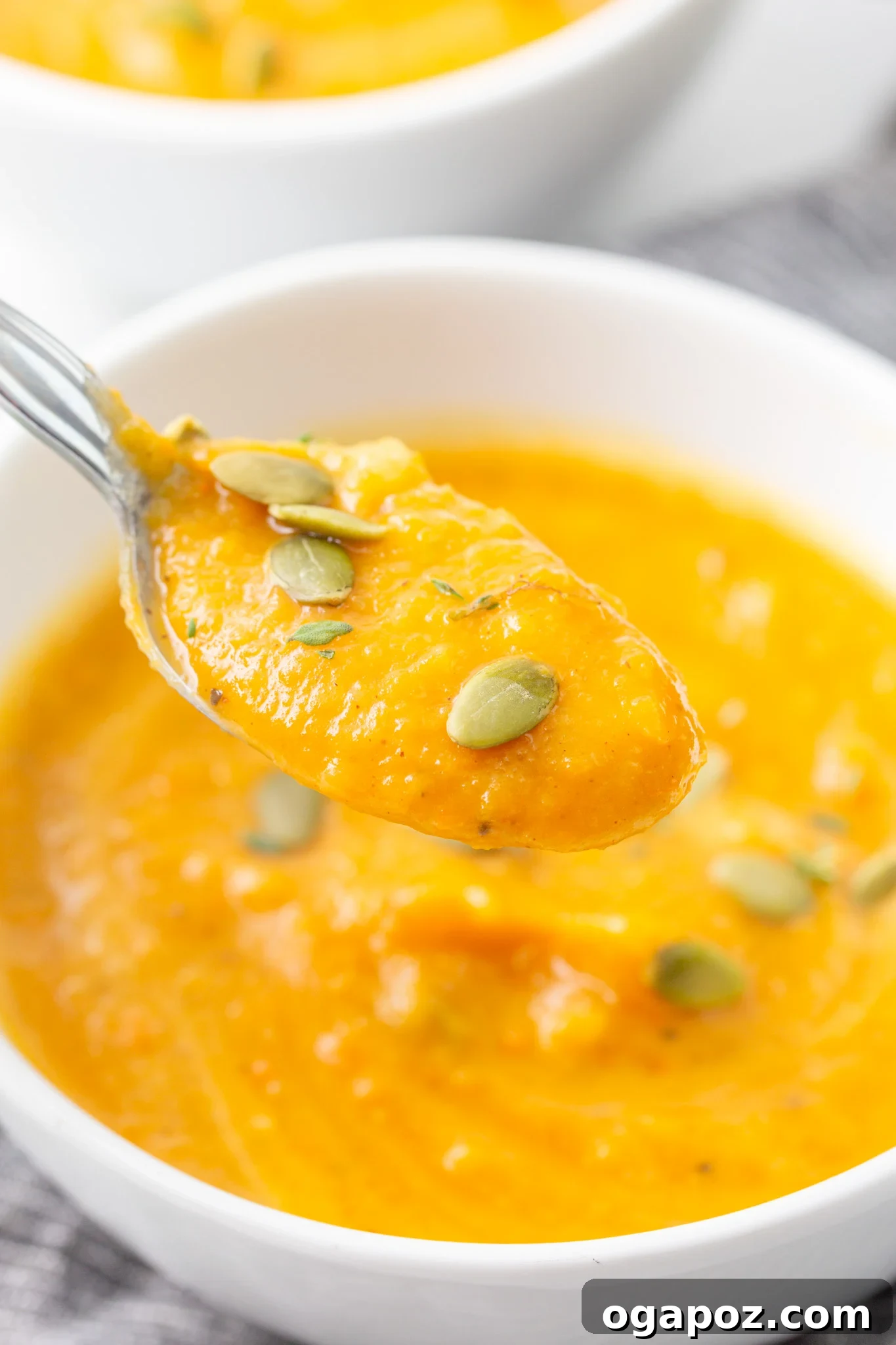 Creamy Roasted Butternut Squash Soup 12 A spoonful of smooth, pureed Easy Roasted Butternut Squash Soup.