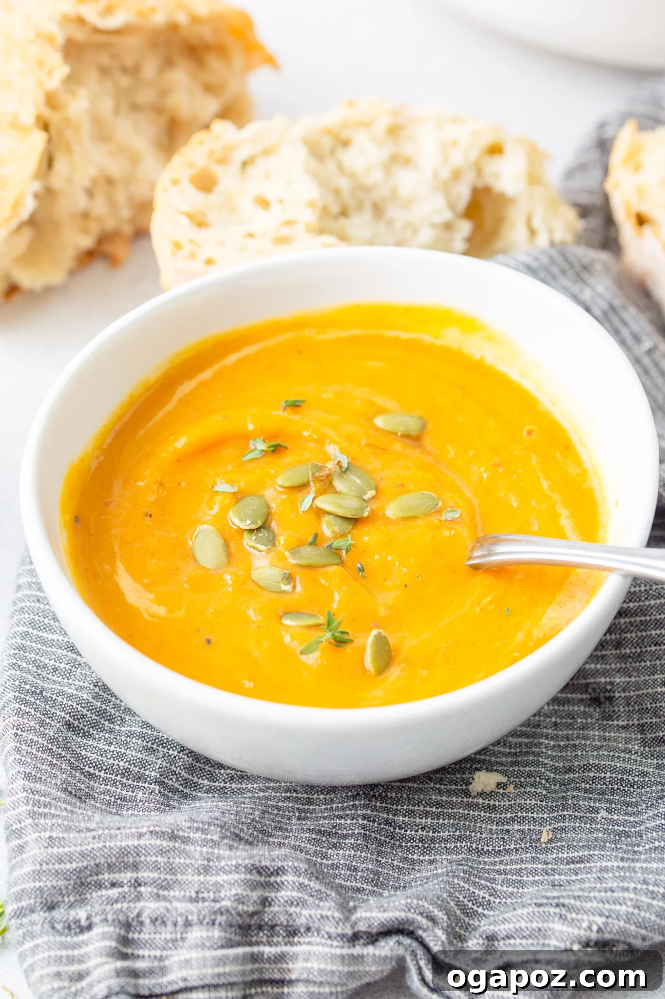 Creamy Roasted Butternut Squash Soup 3 A pristine white bowl filled with Easy Roasted Butternut Squash Soup, ready to be served.