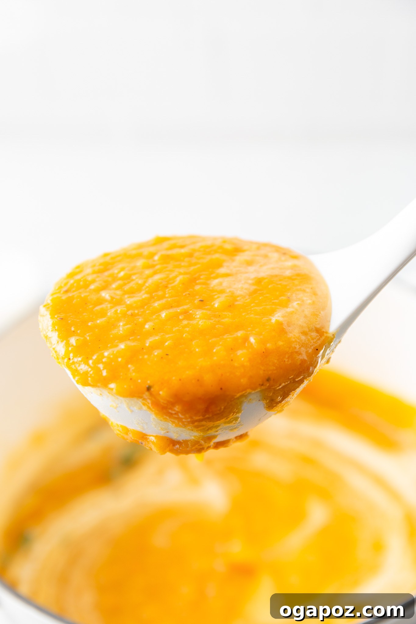 Creamy Roasted Butternut Squash Soup 7 Easy Roasted Butternut Squash Soup being scooped with a ladle from a pot.