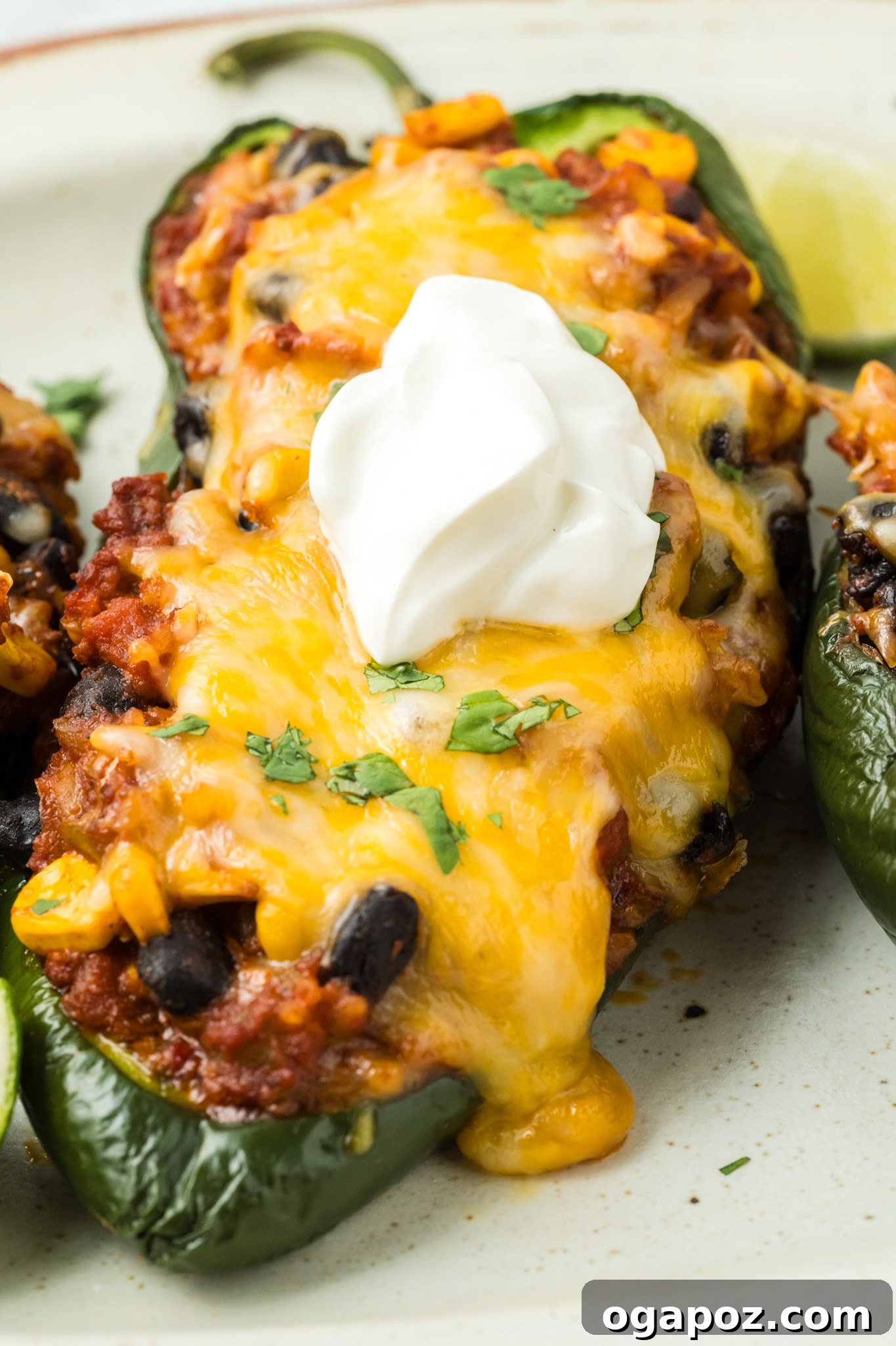 Cheesy Stuffed Poblano Peppers 5 Baked Stuffed Poblano Peppers garnished with fresh sour cream and ready to serve.