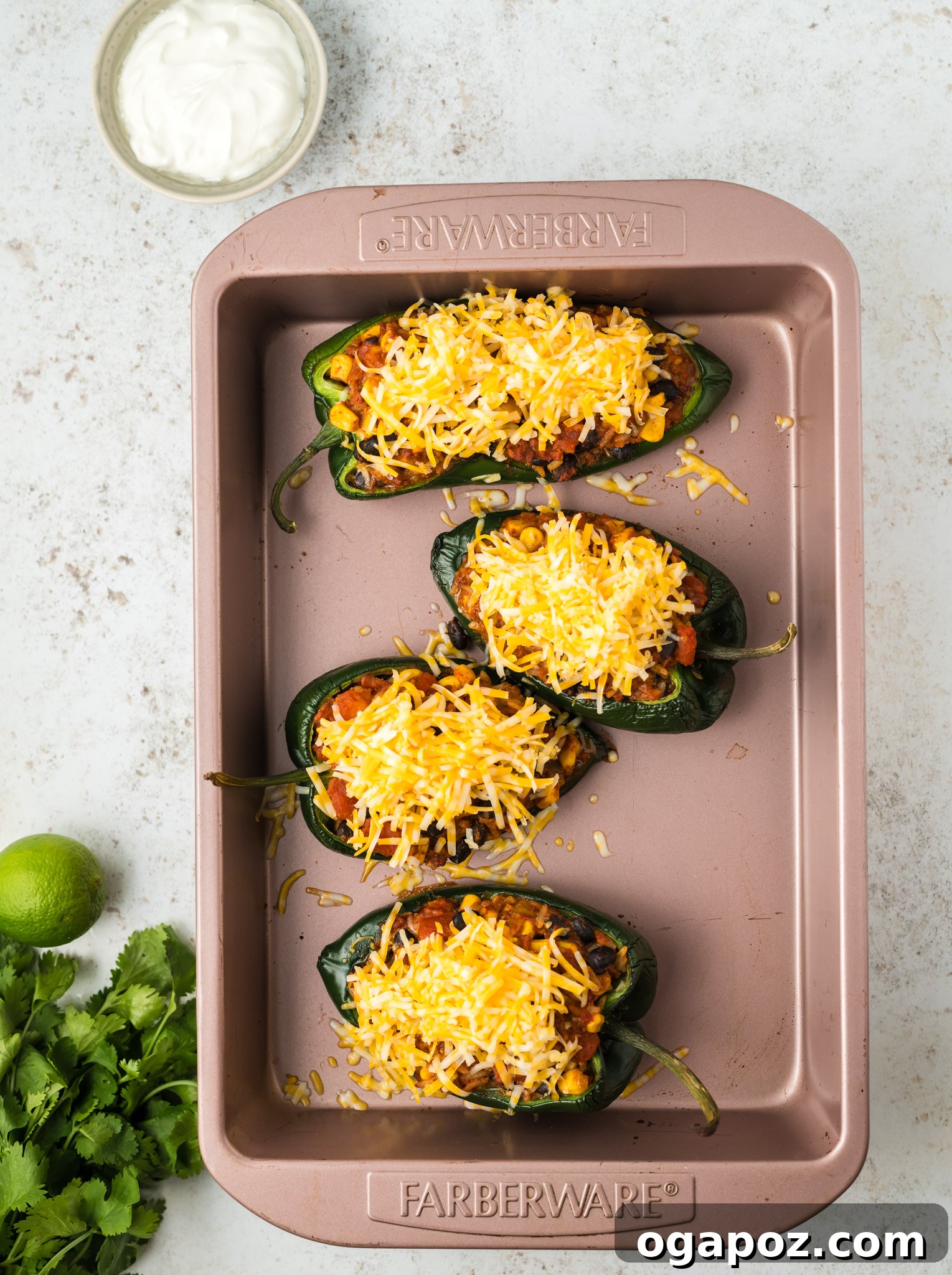 Cheesy Stuffed Poblano Peppers 9 Golden brown melted cheese bubbling over the stuffed poblano peppers in a baking dish, fresh out of the oven.