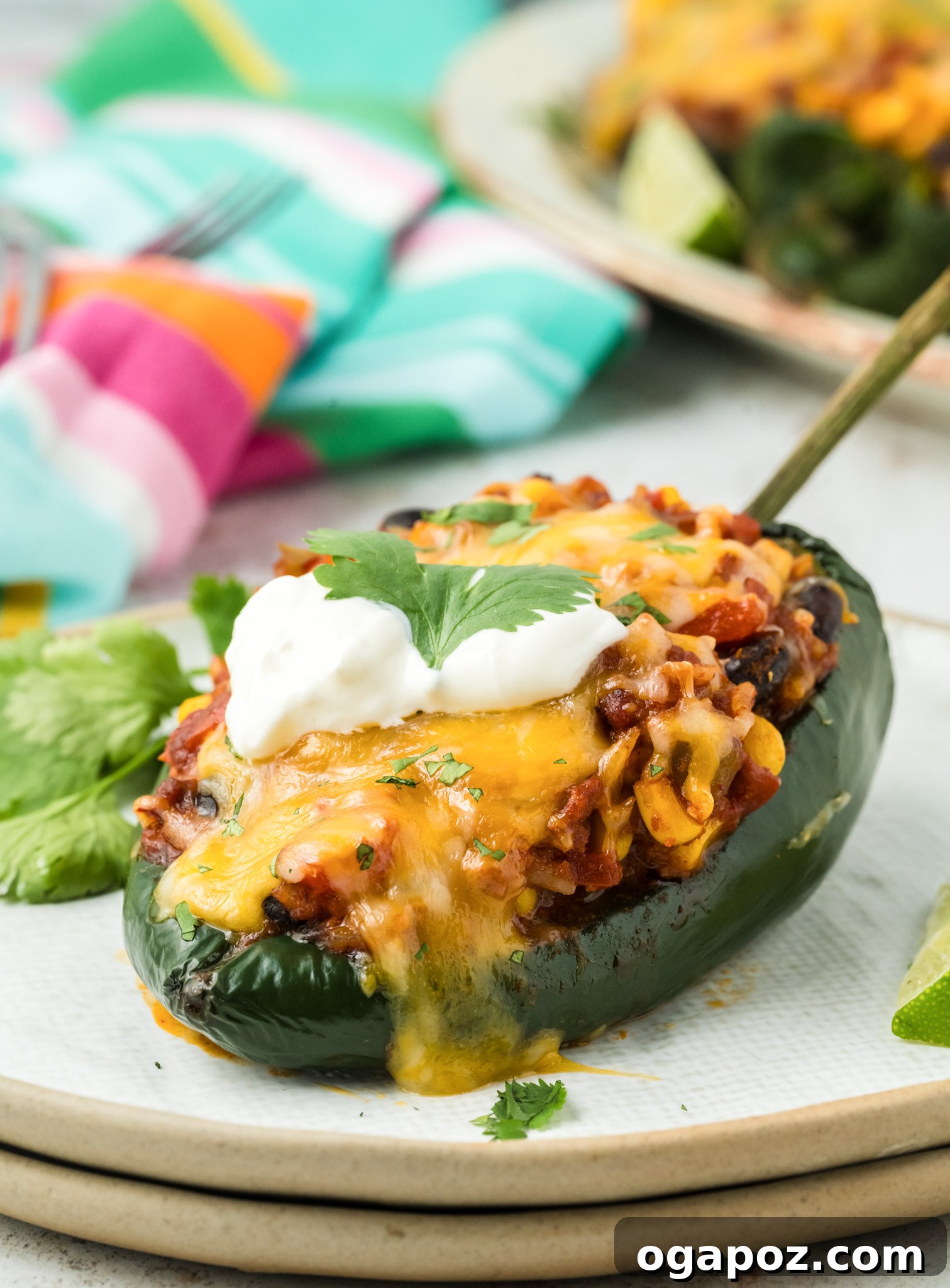 Cheesy Stuffed Poblano Peppers 10 A perfectly baked and garnished Stuffed Poblano Pepper served on a white plate, ready to be enjoyed.