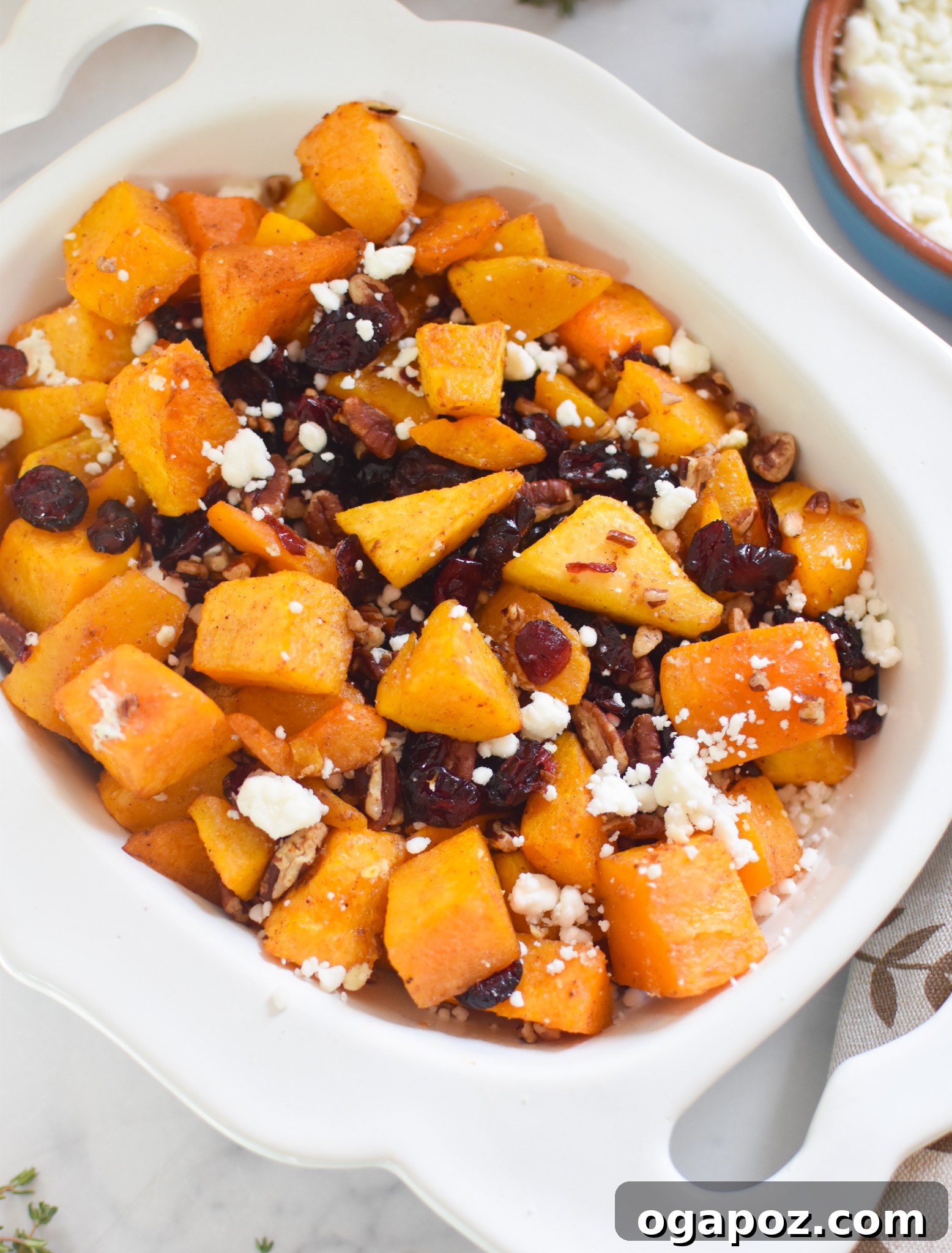 Two white bowls filled with roasted butternut squash, cranberries, pecans, and goat cheese, garnished with fresh herbs.