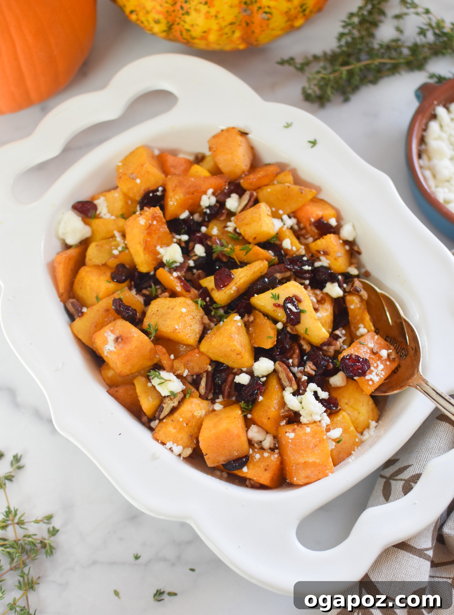 Roasted Butternut Squash with Cranberries, pecans, and goat cheese, garnished with fresh herbs in a white bowl.