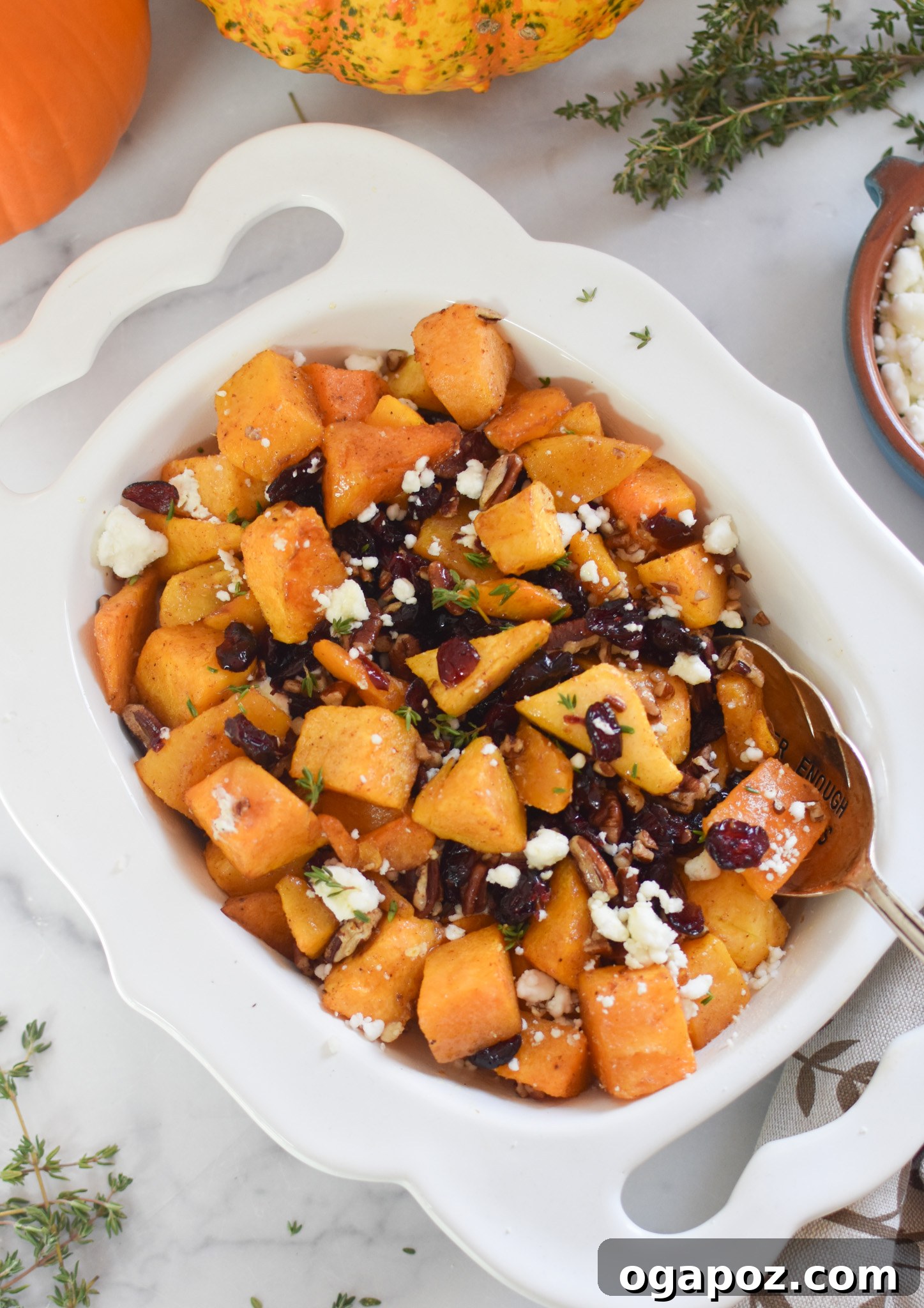 A large white bowl of Roasted Butternut Squash with Cranberries, ready to be served.