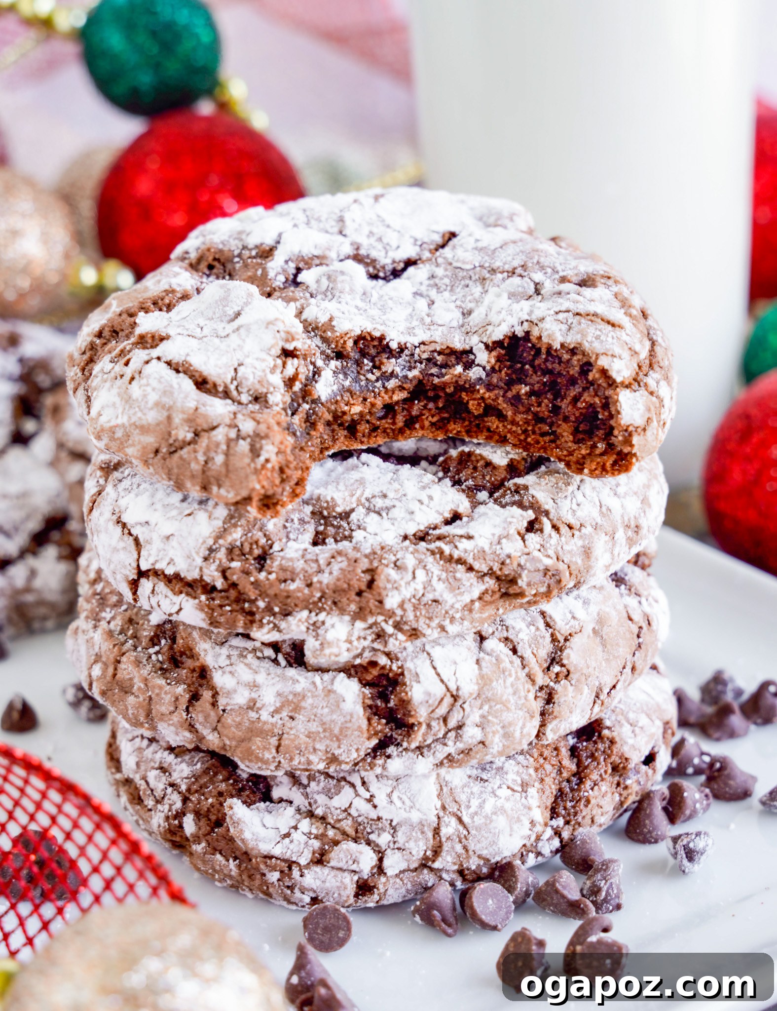 Decadent Chocolate Crinkle Cookies 13 A close-up of a bitten Chocolate Crinkle Cookie Recipe, revealing its soft, fudgy interior and perfect crinkle pattern.