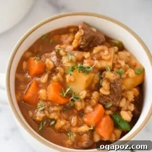 Slow Cooker Beef Barley Soup in a bowl, 1200 x 1200