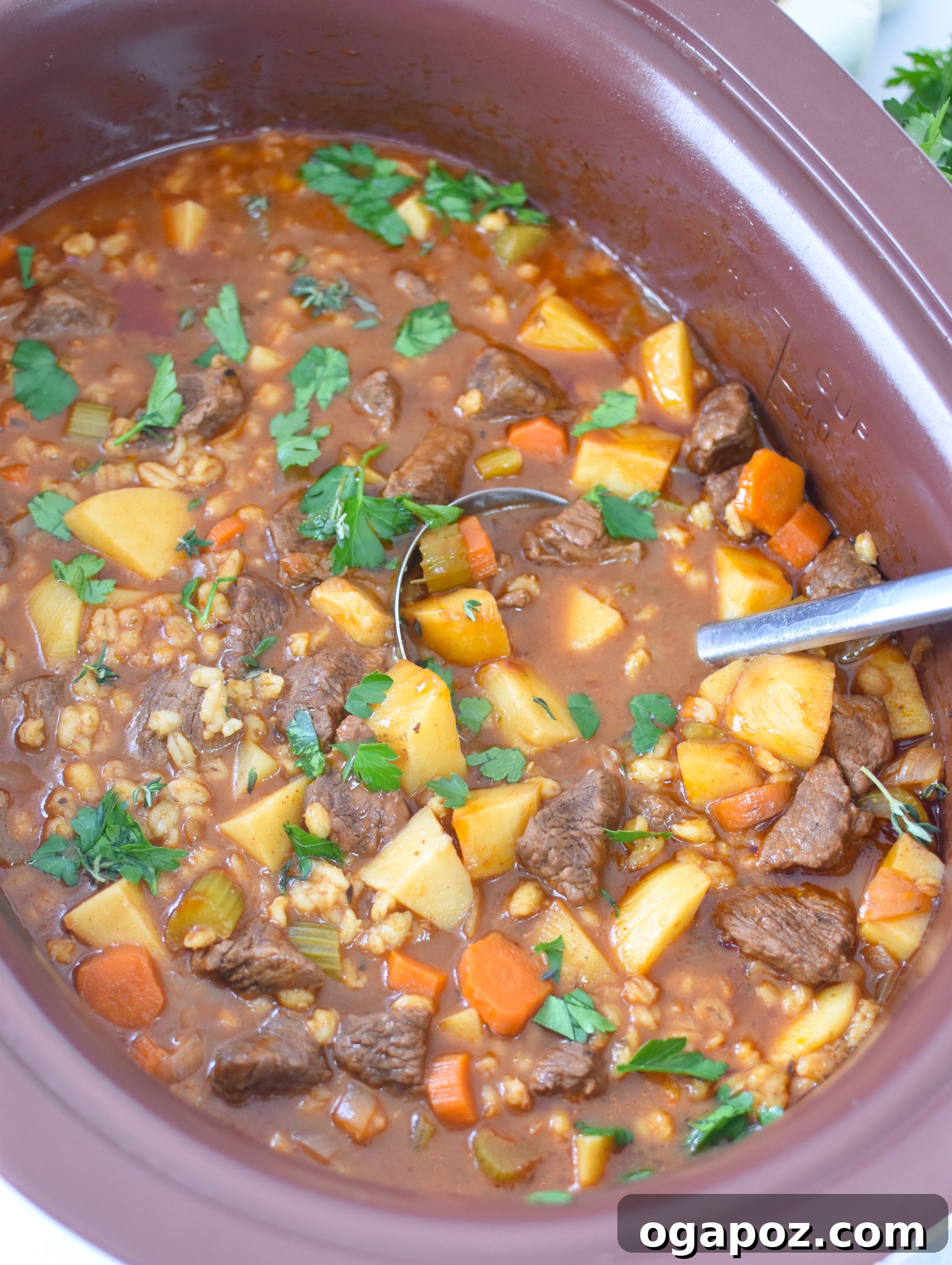 Hearty Slow-Simmered Beef Barley Soup 3 Slow Cooker Beef Barley Soup simmering in a crockpot