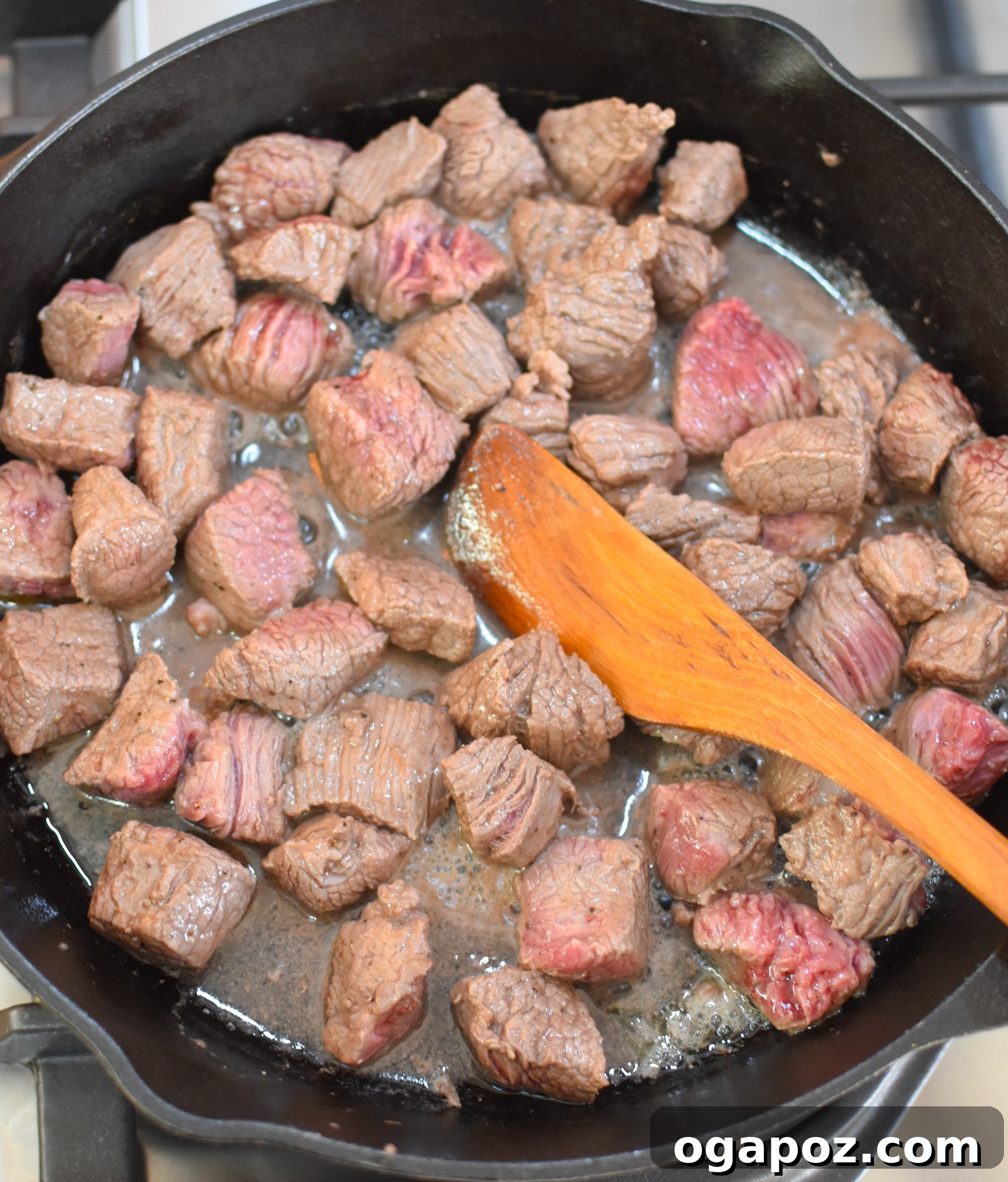 Hearty Slow-Simmered Beef Barley Soup 8 Browning cubed beef chuck roast in a skillet for Slow Cooker Beef Barley Soup