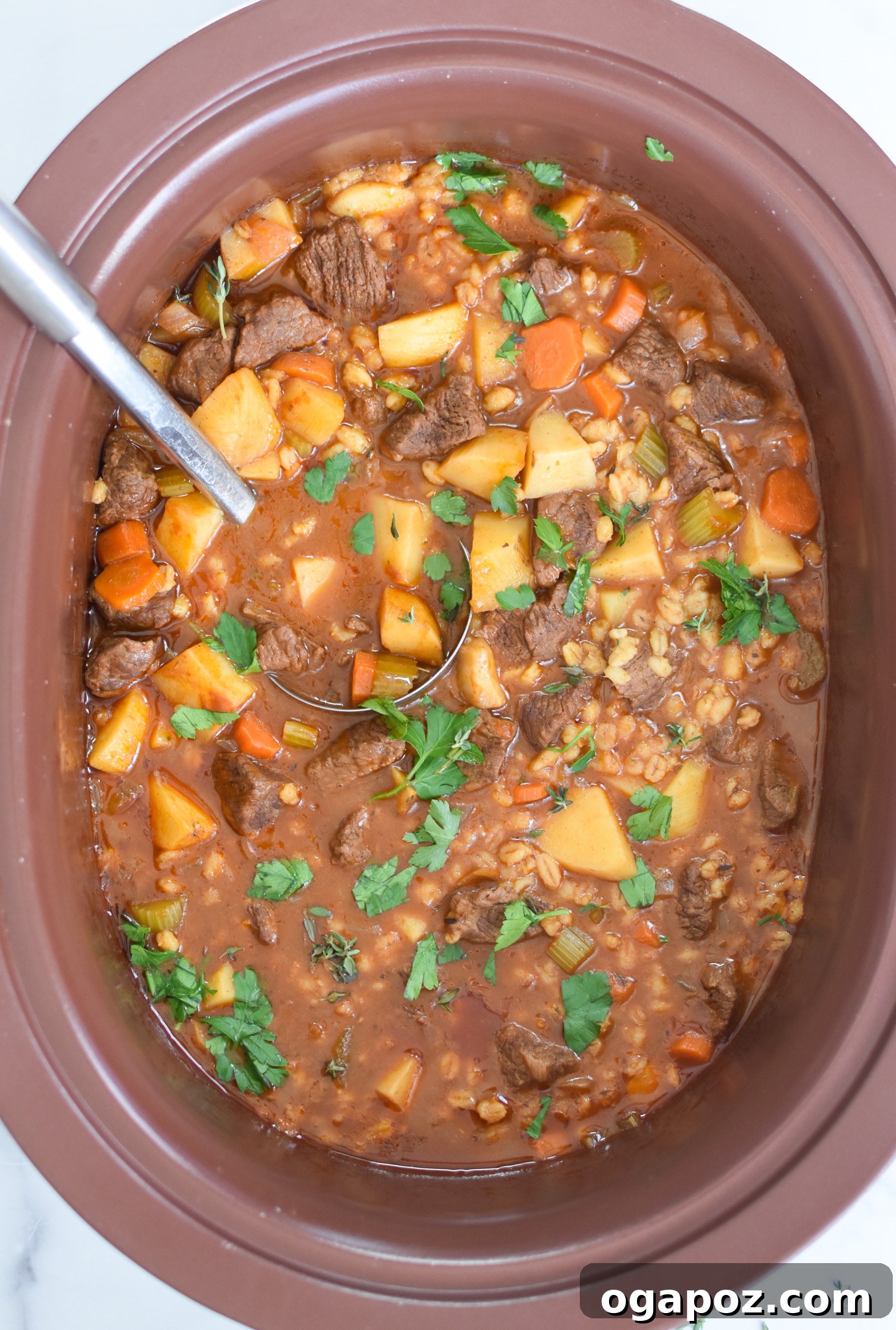 Hearty Slow-Simmered Beef Barley Soup 10 Slow Cooker Beef Barley Soup bubbling away in a crockpot