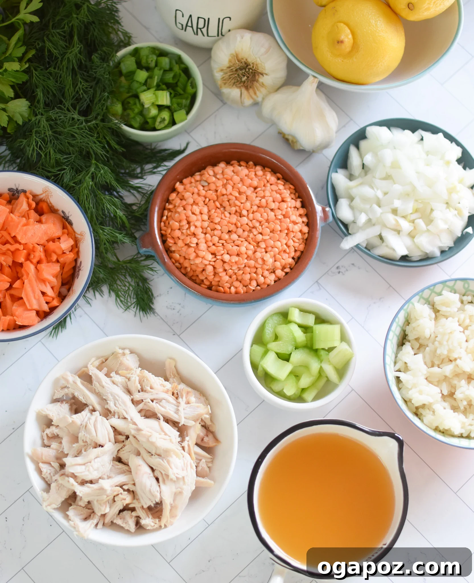 Hearty Chicken Lentil Soup 5 Fresh ingredients for Chicken Lentil Soup, including diced vegetables, red lentils, and spices.