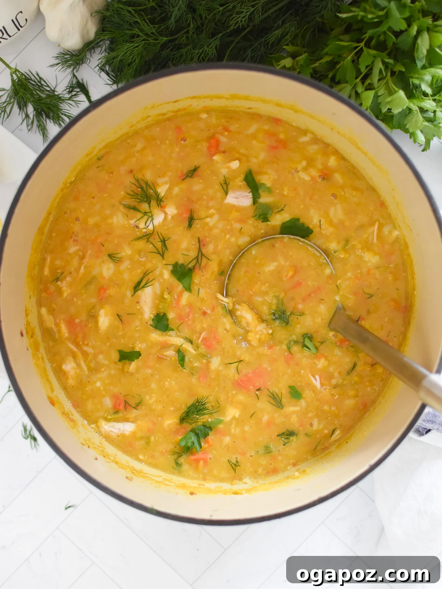 Hearty Chicken Lentil Soup 6 A ladle serving a generous portion of Chicken Lentil Soup from a pot.