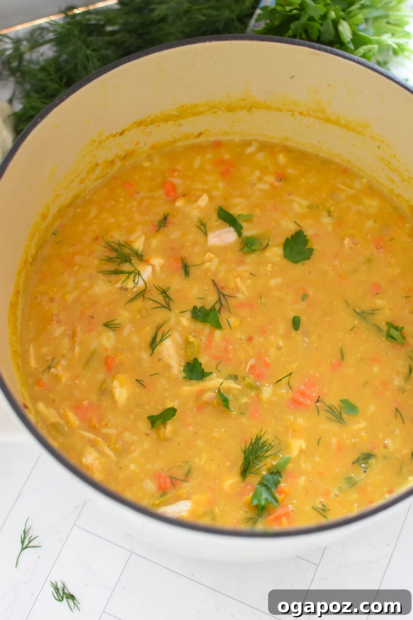 Hearty Chicken Lentil Soup 8 A large pot filled with freshly made Chicken Lentil Soup, ready for serving or storage.