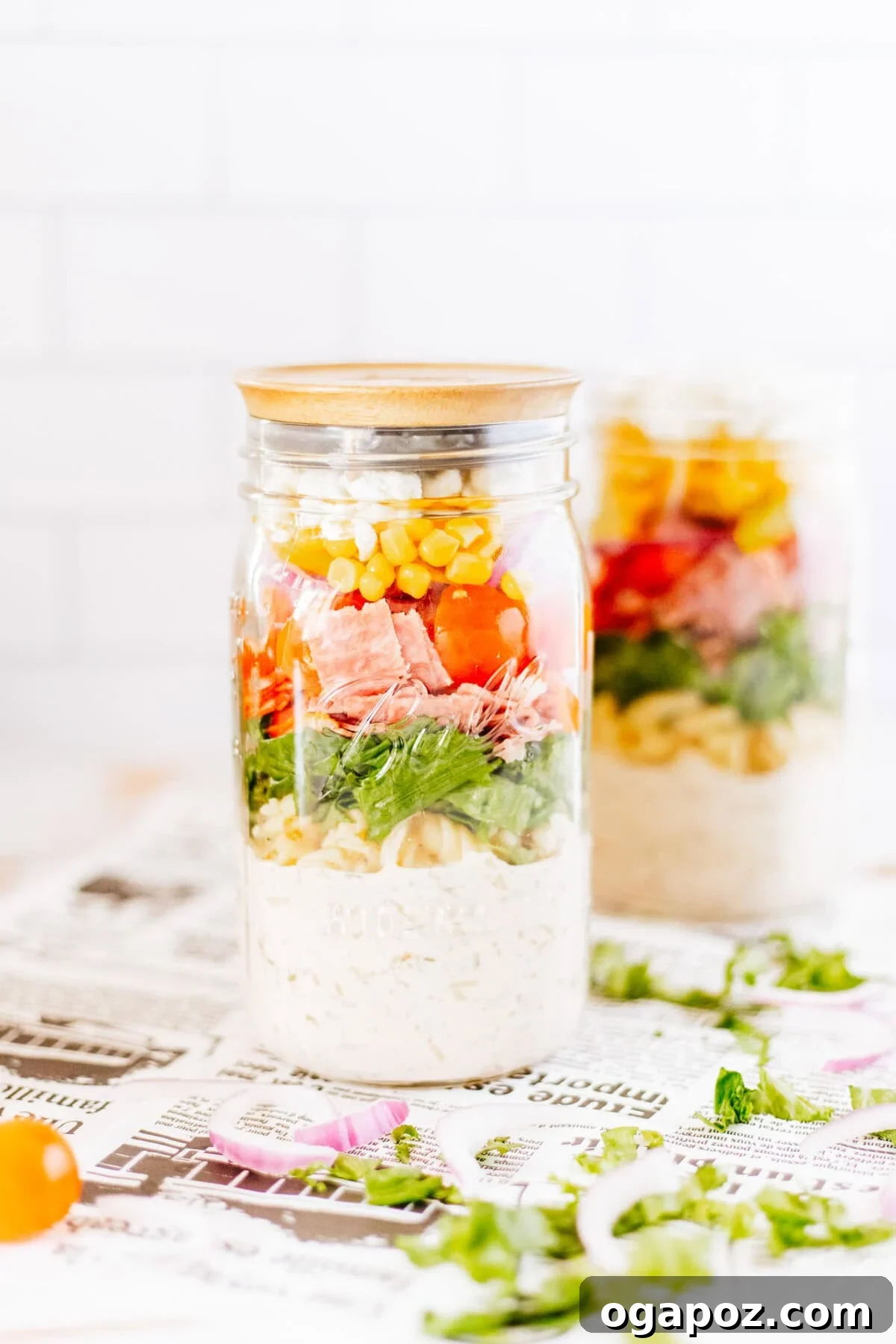 Portable Italian Pasta Salad Jars 2 Fresh Italian Pasta Mason Jar Salad perfectly layered in a glass jar, ready for meal prep.