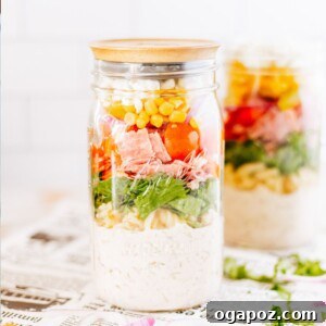 Delicious Italian Pasta Mason Jar Salad, prepared and ready to eat.