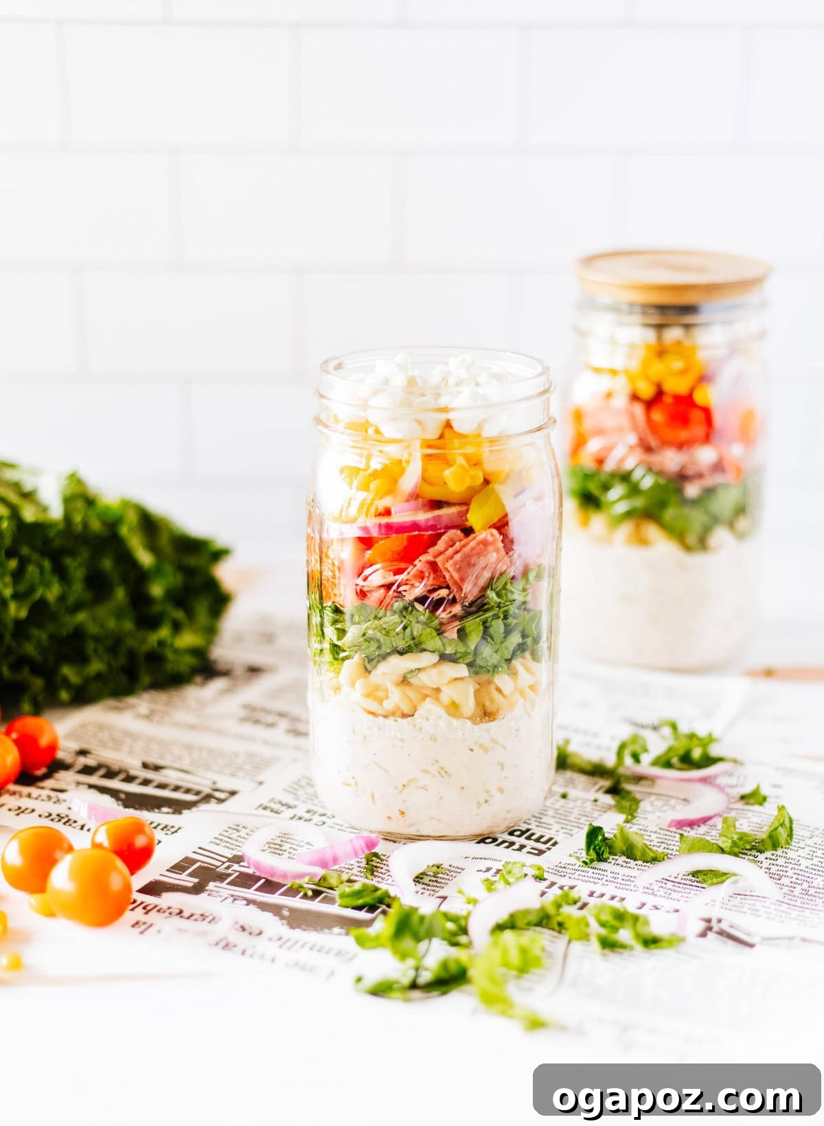 Portable Italian Pasta Salad Jars 8 Two Italian Pasta Mason Jar Salads side by side, showcasing successful meal preparation.