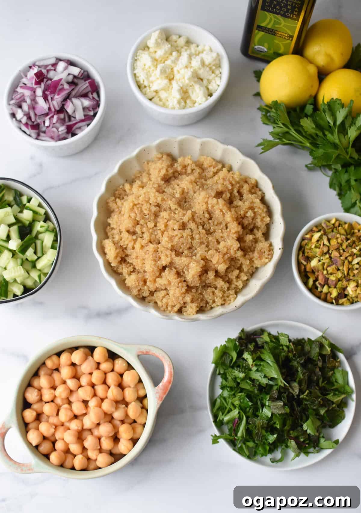 Individual recipe ingredients for Jennifer Aniston Salad, meticulously placed in small bowls for clarity and organization.