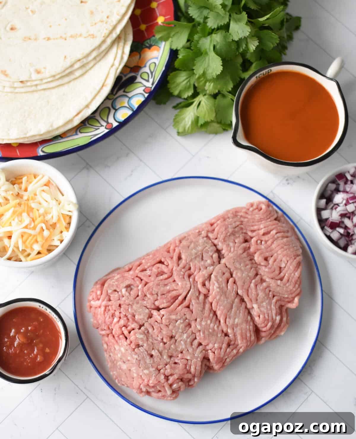 Weeknight Pork Enchilada Bliss 3 Individual ingredients for pork enchiladas including ground pork, tortillas, spices, cheese, and salsa arranged in small bowls