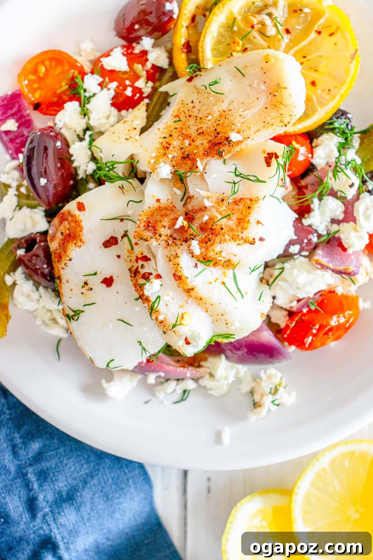 Sunny Mediterranean Cod Sheet Pan Bake 3 Sheet Pan Mediterranean Cod in a white bowl